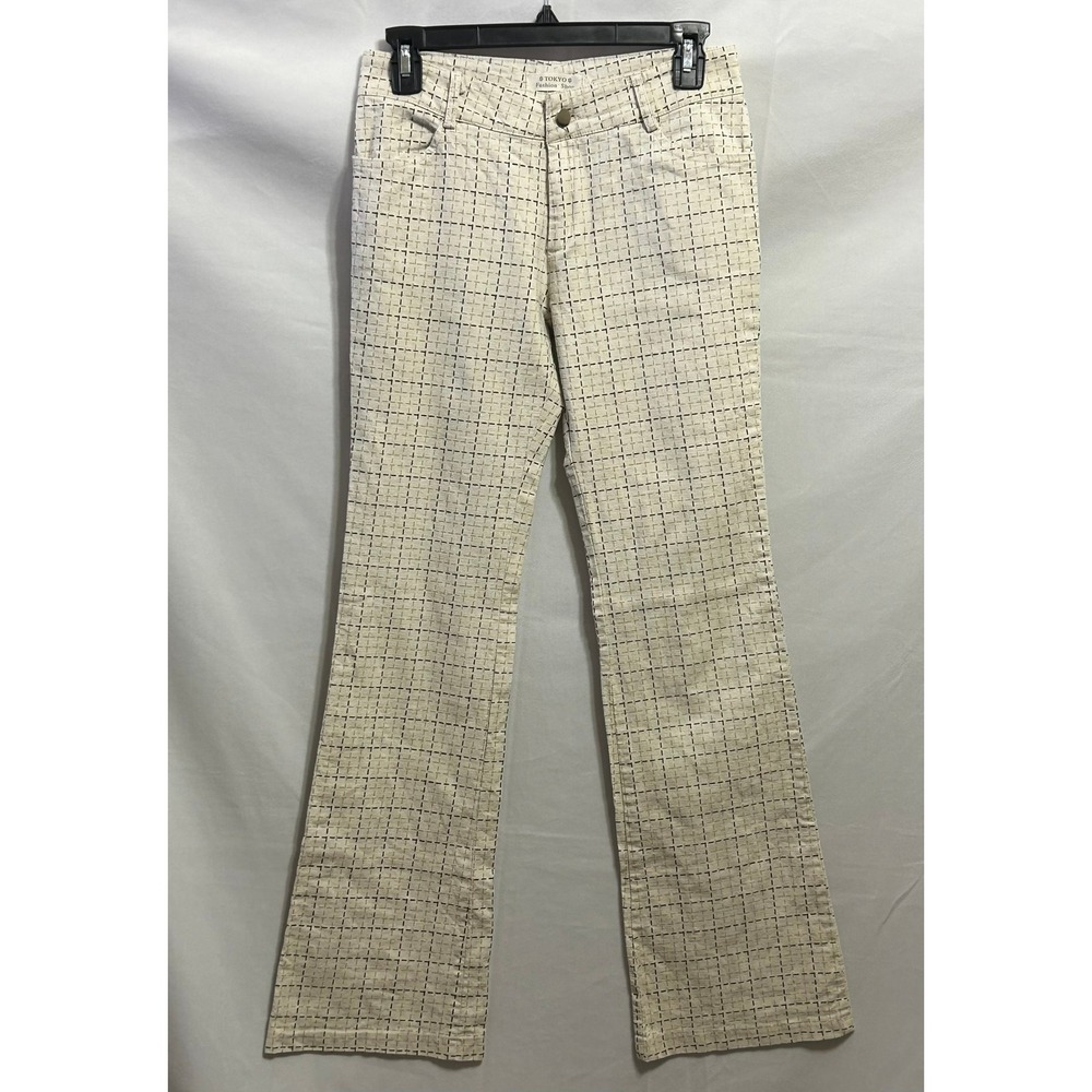 Tokyo Fashion Shop Women Cream Grid Print Flare Leg Trousers Mid Rise 28x31